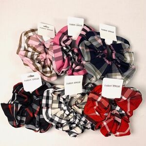 Fashion pink black red tan plaid/checkered ponytail elastic fabric hair tyes